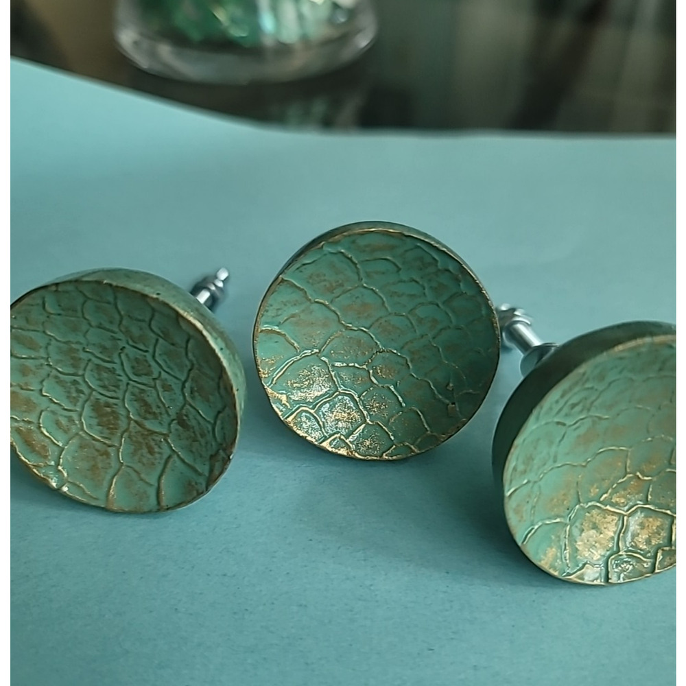 Turquoise Green Gold Drawer Cabinet Knobs 1.5” Round Screws 1.75” Lot Of 3